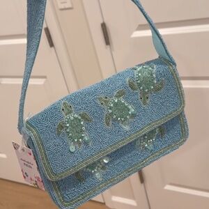 Blue Beaded Turtle Shoulder Bag